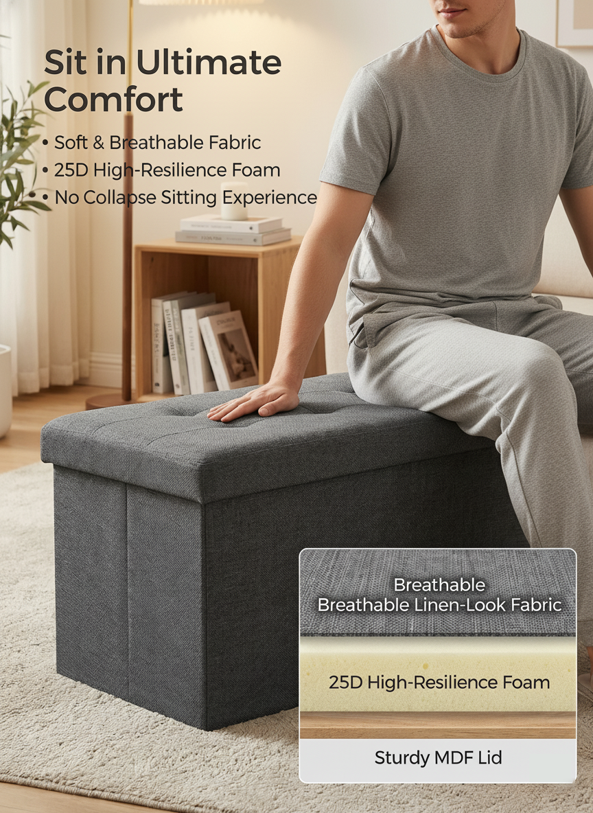 150cm Discreet End of Bed Storage Bench Large Privacy Ottoman for Dolls and Personal Items