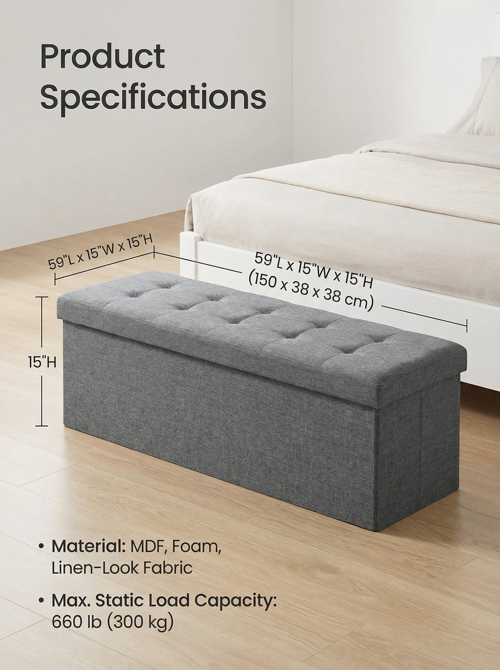 150cm Discreet End of Bed Storage Bench Large Privacy Ottoman for Dolls and Personal Items